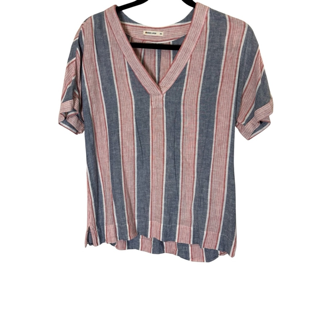 Marine Layer Bali Striped V-Neck Top Slow Fashion Patriotic Linen Blend Top XS